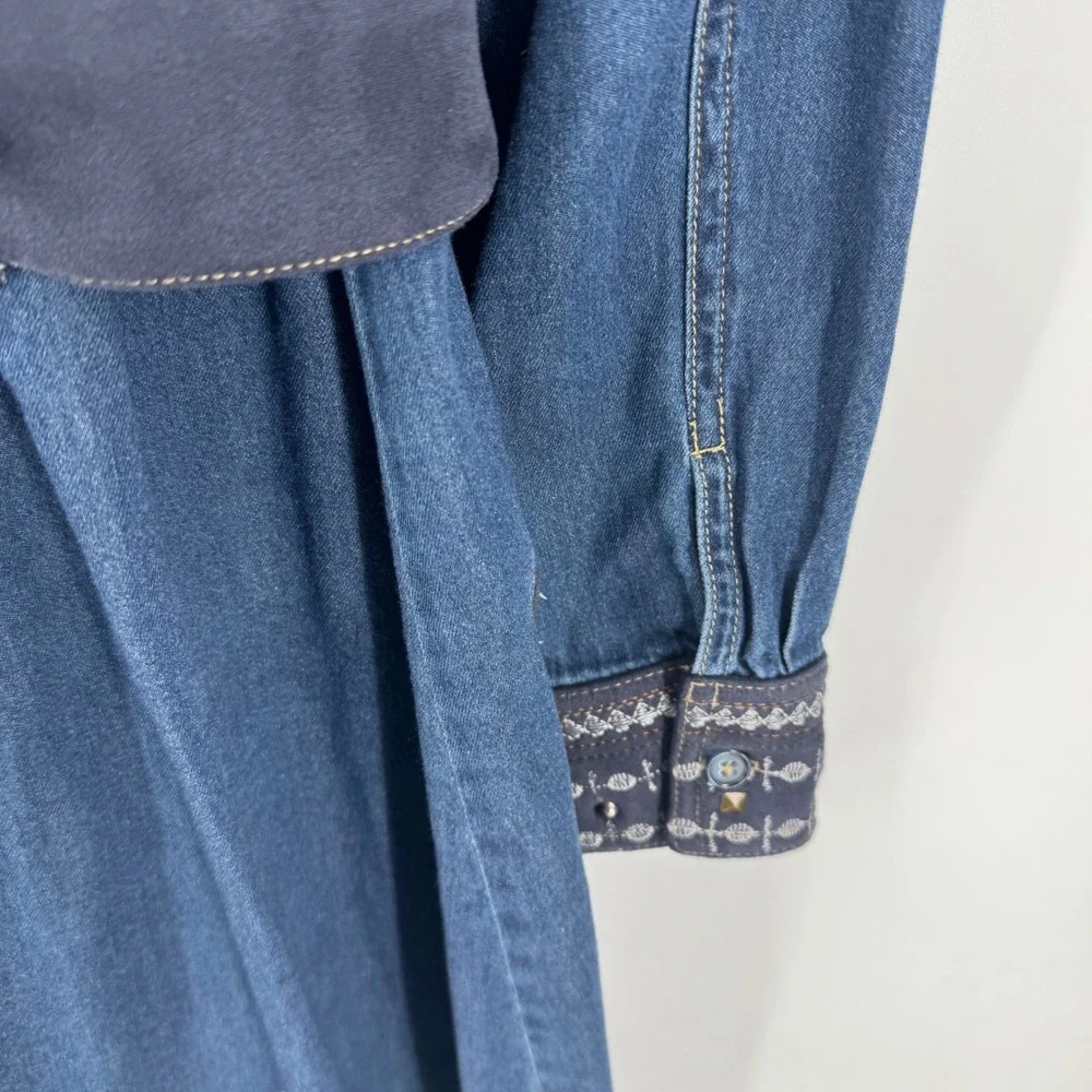 Desigual Denim Shirt Dress Embroidered Studded Belted Midi Western Size 44 Artsy - Picture 7 of 10